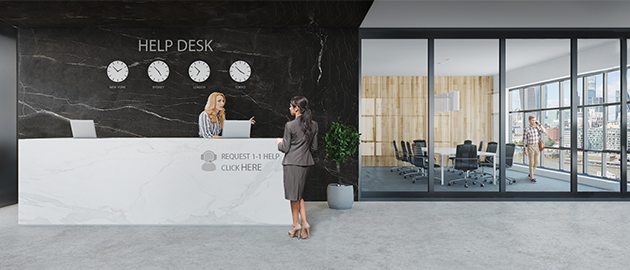 Help Desk dunkles Design mit Uhren