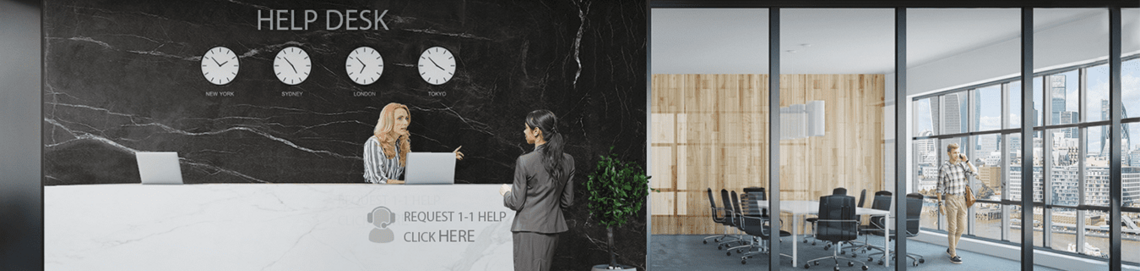 Help Desk dunkles Design mit Uhren