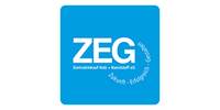 Weiße ZEG-Shrift mit blauem Hintergrund als Logo