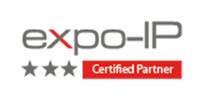 Das Logo unseres Plattformen Partners Expo-IP. Mit dem Schriftzug Expo-IP, 3 Sternen und weißer Schrift auf rotem Hintergrund mit der Aussage Certified Partner.