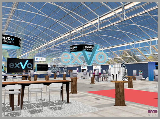 Blog | Virtuelle Messehalle von exVo in kühlen Blautönen 