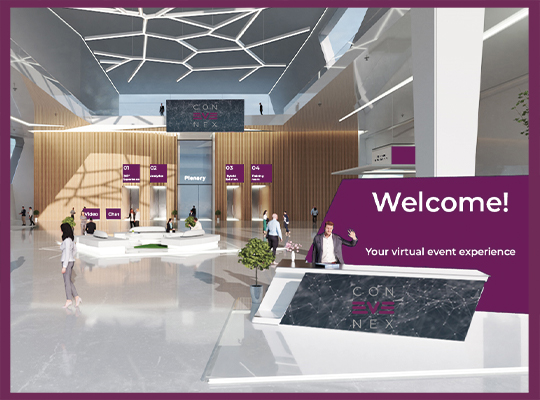 Blog | Virtuelle Messehalle in hellen grau und lila Tönen mit Holzelementen