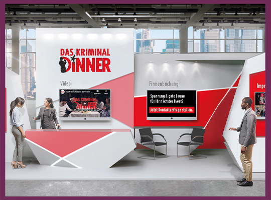 Blog | Innovativer virtueller Messestand von Das Kriminal Dinner in weiß und rot Tönen 