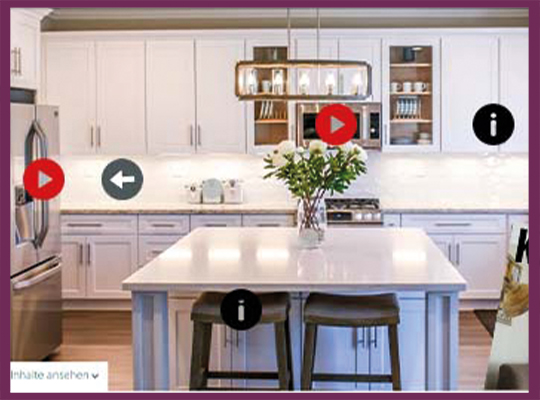 Blog | Virtueller Showroom einer hellen Küchenlandschaft mit mehreren roten und schwarzen Klick-Pfaden belegt