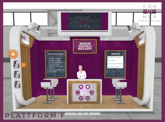 Blog | 3D virtueller Messestand mit lila Farbelementen und Holzelementen