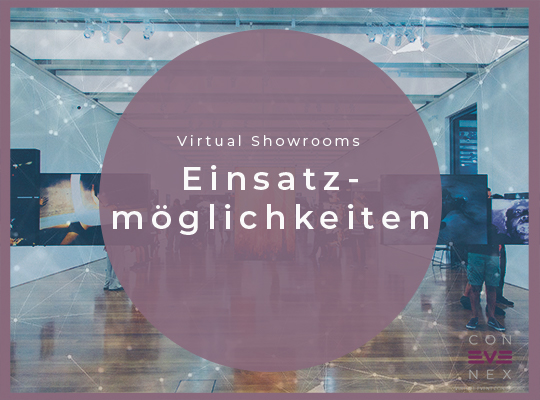 Blog | Ausstellungsraum mit einem lila Kreis Overlay mit der Aufschrift - Virtueller Showroom Einsatzmöglichkeiten