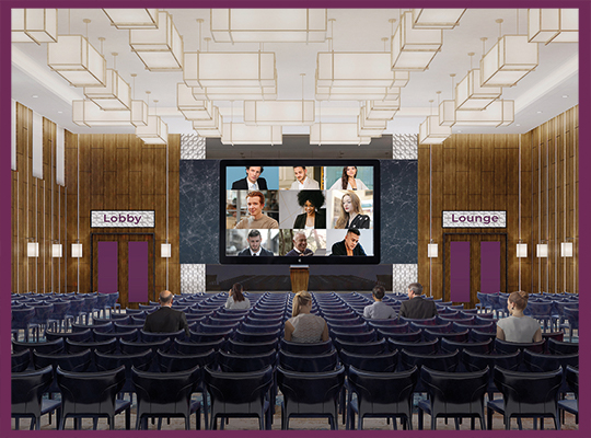 Blog | Virtuelles Auditorium in hellen lila Tönen und Holzelementen