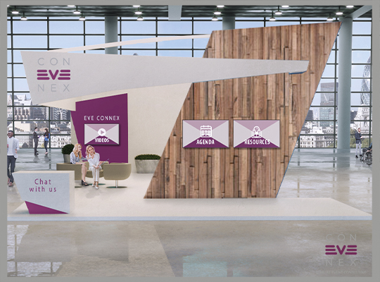 Blog | Zweidimensionaler EVE CONNEX Messestand mit lila Farbelementen und Holzoptik