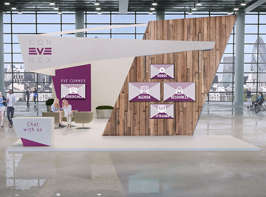 Blog | Messestand von EVE CONNEX mit Holzelementen und Lila Farbelementen