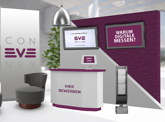 Ein auf EVE CONNEX gebrandeter Messestand der EXPO-IP Plattform